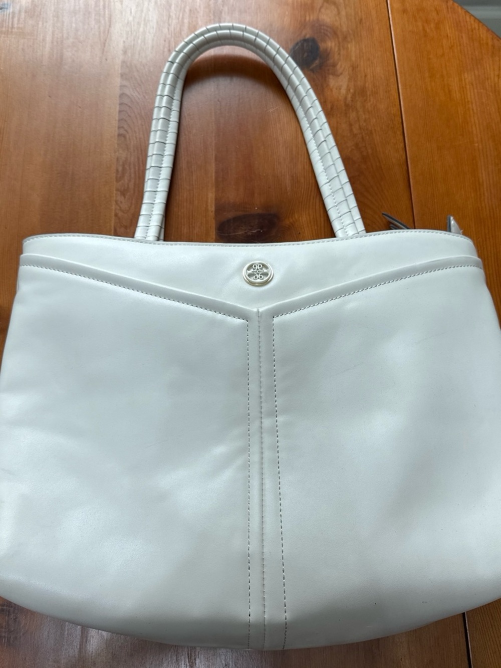 Nine West White Leather Tote with Black stripe handles